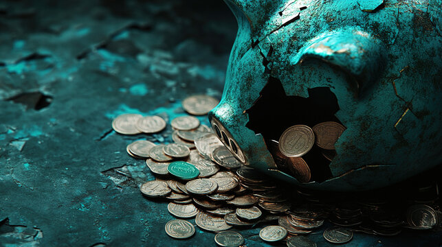 Broken piggy bank with coins scattered around, symbolizing financial struggle and the need for careful budgeting and saving.