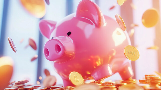 Broken piggy bank with coins scattered around, symbolizing financial struggle and the need for careful budgeting and saving.