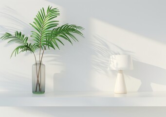Fototapeta premium Minimalist interior design with a green plant in a glass vase and a white lamp on a white shelf against a white wall with natural light