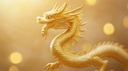 Fototapeta premium Majestic golden dragon hovering on a rich, luminous background for themes of fortune and success.