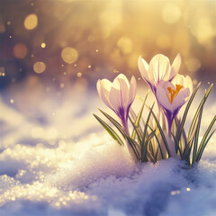 Delicate crocus flowers bloom through the snow in soft golden light, symbolizing hope and renewal...