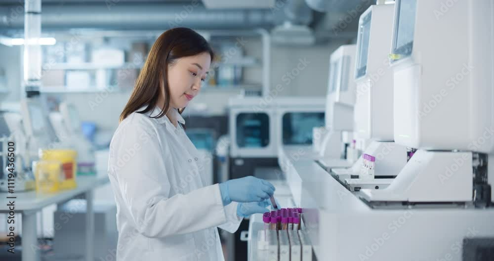 Poster portrait of an asian female scientist in white lab coat handling multiple test tubes in a modern lab