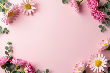 Fototapeta premium A minimalist floral arrangement on a pastel pink background, featuring pink daisies and carnations, creating a delicate, inviting visual effect suitable for various design purposes.
