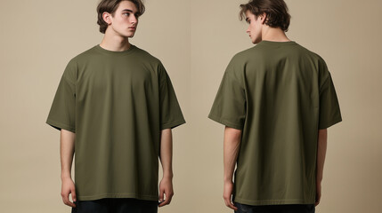 mockup of a man wearing a olive green oversized plain t-shirt, front and back isolated on a cream background, Ai generated images