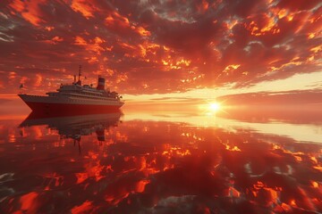 Fototapeta premium A large red cruise ship is sailing on a calm ocean at sunset