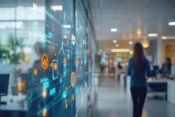 Project managers integrating digital health solutions into workflows using multi-device connectivity in a vibrant office