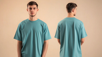 mockup of a man wearing a turquoise oversized plain t-shirt, front and back isolated on a cream background, Ai generated images