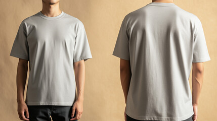 mockup of a man wearing a gray oversized plain t-shirt, front and back isolated on a cream background, Ai generated images