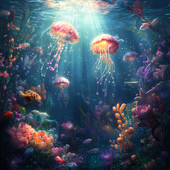 A vibrant underwater scene inspired by spring. Jellyfish with glowing tentacles, a coral reef like a flowering meadow. Sunlight penetrates the water, creating a glow.