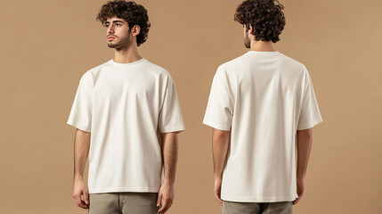 mockup of a man wearing a beige oversized plain t-shirt, front and back isolated on a cream background, Ai generated images