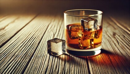 Glass of whisky with ice cubes sitting on rustic wooden table
