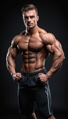 A Stunning Portrait of a Highly Muscular Man, Exuding Strength and Fitness, Posing Against a Dark Background, Showcasing His Impressive Physique and Athletic Build