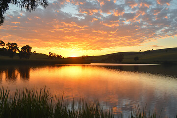 Obraz premium A picturesque sunset over a calm lake,