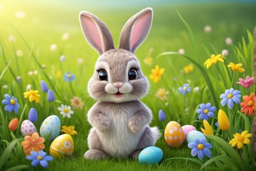 there is a rabbit sitting in the grass with easter eggs