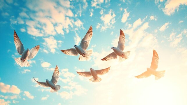 A serene scene of birds flying against a bright sky, symbolizing freedom and peace.