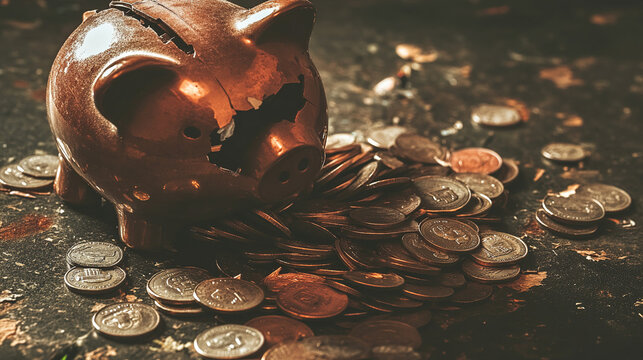 Broken piggy bank with coins scattered around, symbolizing financial struggle and the need for careful budgeting and saving.
