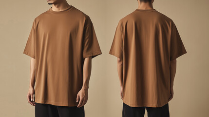 mockup of a man wearing a brown oversized plain t-shirt, front and back isolated on a cream background, Ai generated images