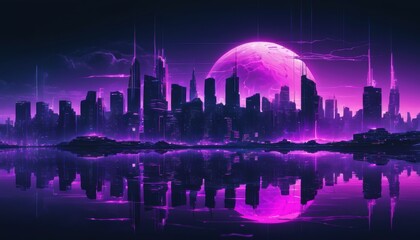 Futuristic Cityscape at Night: Neon Lights, Giant Pink Moon, and Perfect Reflection on Calm Waters - A Digital Art Masterpiece