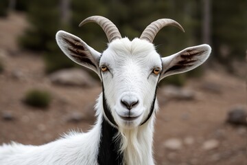 there is a goat with long horns standing in the dirt