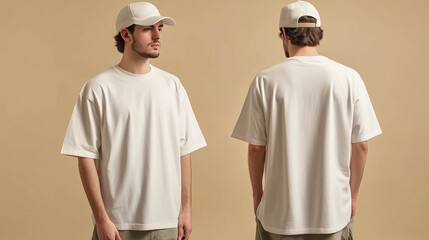 mockup of a man wearing a white oversized plain t-shirt, front and back isolated on a cream background, Ai generated images
