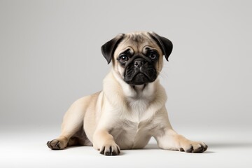 Obraz premium araffe dog laying down on a white surface with a gray background