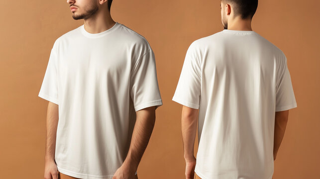 mockup of a man wearing a white oversized plain t-shirt, front and back isolated on a cream background, Ai generated images