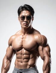A Muscular Asian Man Posing Shirtless, Wearing Sunglasses, Displaying Impressive Physique and Strength. Studio Photography Showcasing Fitness, Bodybuilding, and Strength Training.