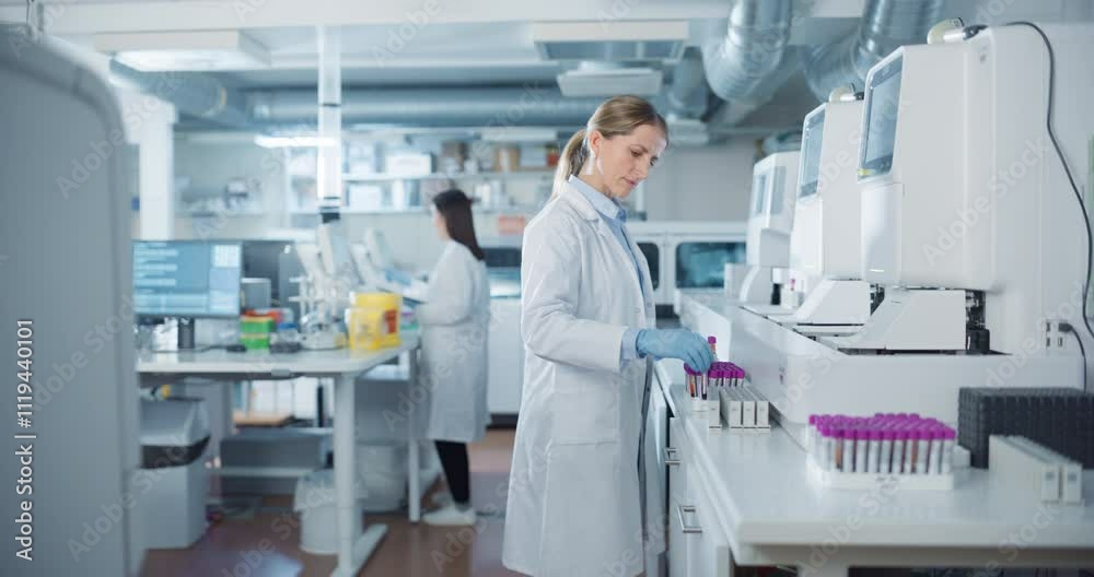 Aufkleber biomedical researchers conduct experiments in a modern laboratory. female scientist preparing a set 