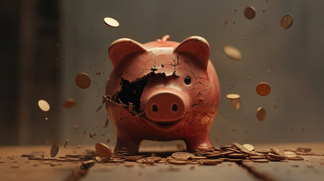 Broken piggy bank with coins scattered around, symbolizing financial struggle and the need for careful budgeting and saving.