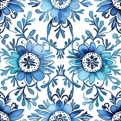 Blue Floral Watercolor Tile Pattern:  A delicate and intricate watercolor pattern featuring a captivating blue floral design against a clean white background.