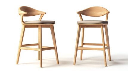 Two modern wooden bar stools with padded seats.