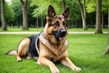there is a large dog that is laying down in the grass