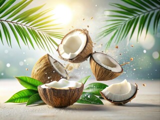 Double Exposure Coconut Close Up, Airy Tropical Texture, White Background, Food Photography