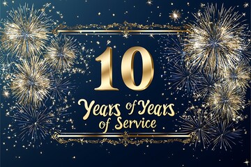A sparkling "10 Years of Service" with fireworks and elegant gold borders on a deep blue background