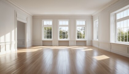 A Luxurious Empty Room with Large Windows and Sunlight Streaming In: A Modern Classic Interior Design