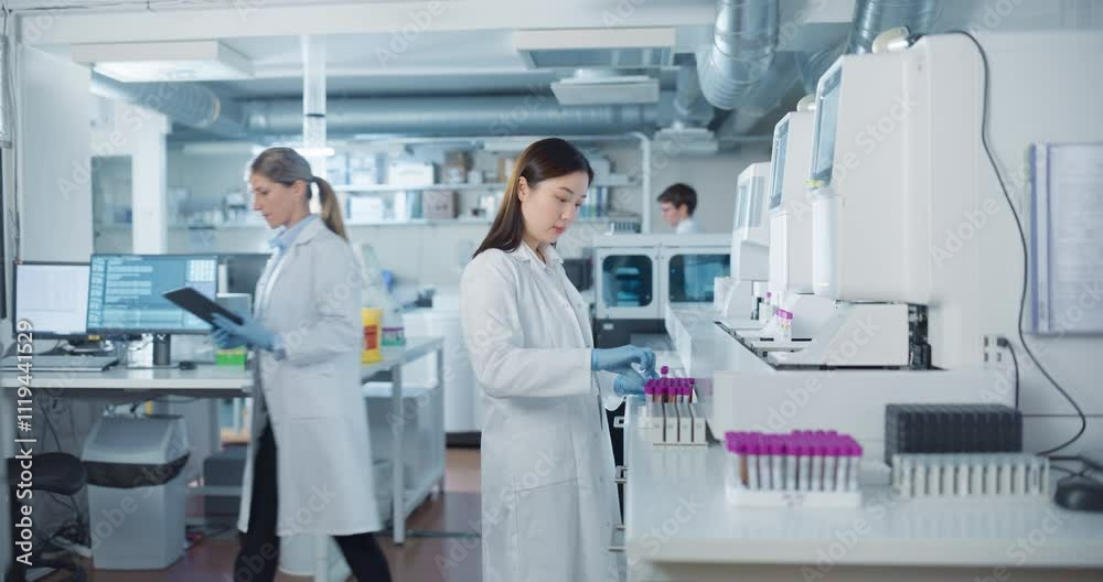 Aufkleber Team of Young Biochemists Collaborating in a Laboratory. Asian Female Researcher Loading Test Tubes with Blood Samples Into a Centrifuge while Her Coworker Reviews Experimental Data on a Computer