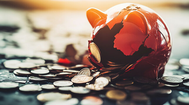 Broken piggy bank with coins scattered around, symbolizing financial struggle and the need for careful budgeting and saving.