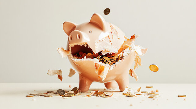 Broken piggy bank with coins scattered around, symbolizing financial struggle and the need for careful budgeting and saving.