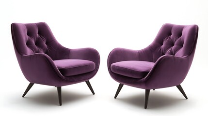 Two purple velvet armchairs on white background.