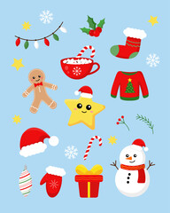 Vector set of Christmas illustrations sweater, star, snowman, gift, cocoa, gingerbread man, candy cane, garland