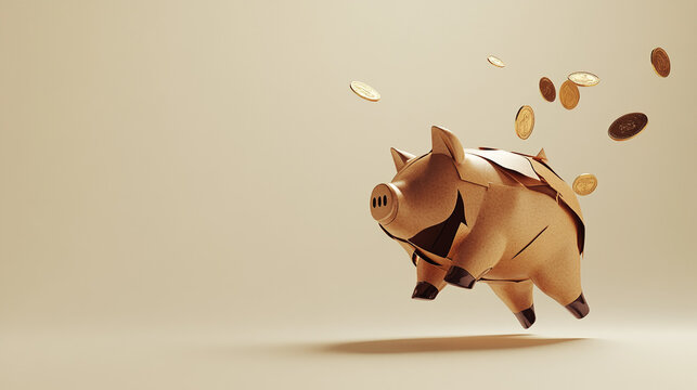 Broken piggy bank with coins scattered around, symbolizing financial struggle and the need for careful budgeting and saving.