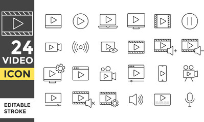 Video Editable line stroke icon set. . Pixel perfect. social media icons. Play button icon sign. Start audio or video action symbol. multimedia graphic design. Collection of internet conversation butt
