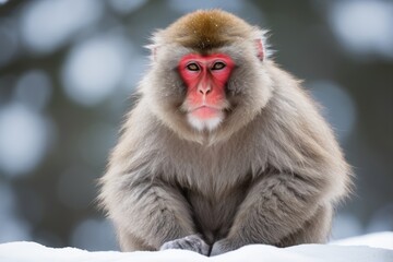Naklejka premium araffe sitting on a snow covered hill with a red face