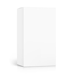 Realistic white closed paperboard box mockup. Vector illustration isolated on white background. Taking your 2D designs into 3D. Can be use for medicine, food, cosmetic and other. EPS10.
