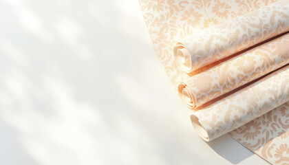 Premium rolls of wallpaper with floral pattern in soft peach tones on white surface. Perfect for promoting finishing materials, luxury interior design, or home renovation products. Copy space