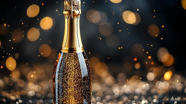 a champagne bottle with glitter glow gold dust and confetti, idea for festive celebration backdrop 
