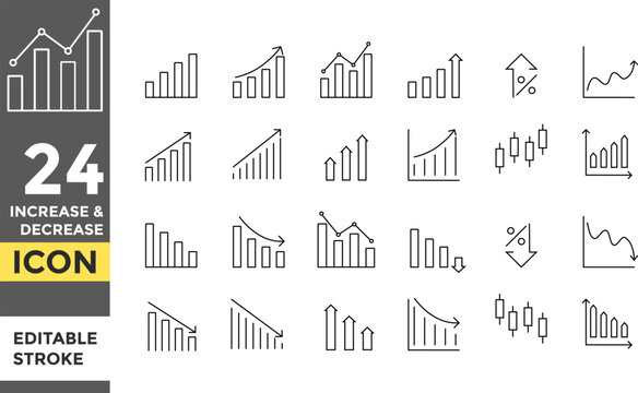 Increase and Decrease Editable line stroke icon set. Pixel perfect. Growth icon and statistic symbol. Business growth icon, increase, personal development. Business money cash increase signs