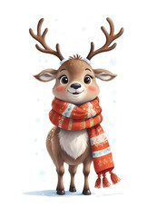 adorable Reindeer adorned in a cozy scarf, all set against a pristine white backdrop. highest quality image. vibrant colors, digital art

