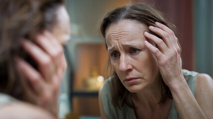 Woman looks at her reflection in a mirror with a sad expression, gently touching her thinning hair. The blurred room in the background, soft lighting, and cinematic atmosphere close-up, generative ai