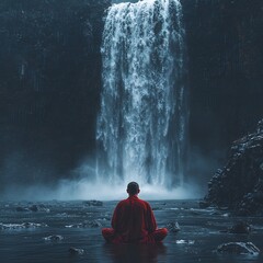 Obraz premium Peaceful Monk Meditating Beneath Serene Waterfall in Natural Landscape